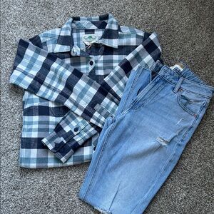 Women's Arborwear Plaid Button-Down Shirt - turquoise, navy, and ivory. Medium.